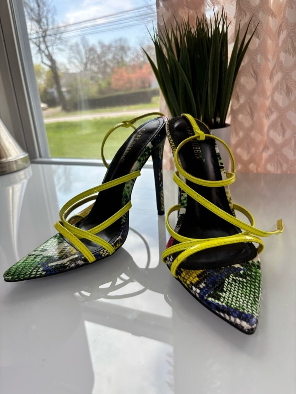 Cape Robbin Neon Yellow Strappy Snakeskin Pointed Toe Heels